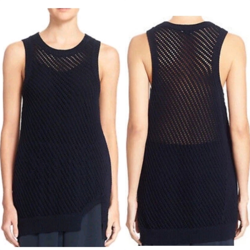 Vince Crochet Open Knit Sleeveless Long Line Cotton Pullover Sweater Tunic Vest